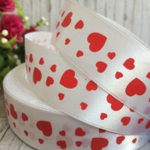 Атлас 2,5 см, сердечка New, бело-красный, рулон 45 м