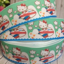 Репс 2,5 см, Китти в самолете, мятный, рулон 23 м