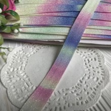 Бейка стрейчевая (shine), 1,5 см, пастельный радужный омбре, рулон 28 м