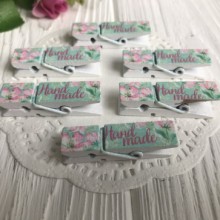 Прищепка декоративная, 4,5 см, белый с тиффани и надписью Hand made, упаковка 20 шт.