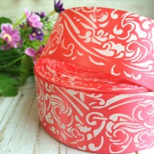 Атлас 4 см орнамент, коралловый, рулон 45 м