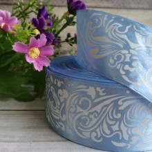 Атлас 4 см орнамент, светло-голубой, рулон 45 м