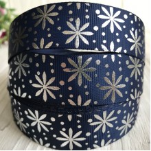 Репс с цветочком (фольга), 2,5 см, сапфировый с серебром, рулон 23 м