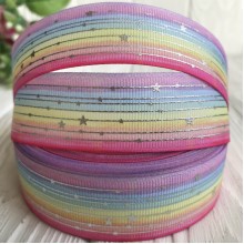 Репс радужное омбре со звездами (фольга), 2,5 см, рулон 23 м
