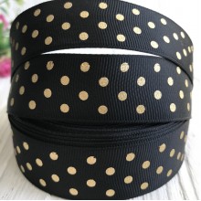 Репс в горох (фольга), 2,5 см, черный с золотом, рулон 23 м