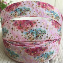 Репс со звездами (фольга), 2,5 см, розово-мятный, рулон 23 м