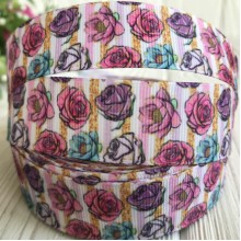 Репс 2,5 см, малиново-фиолетово-бирюзовые розы с полосками, рулон 23 м