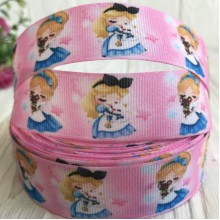 Репс 2,5 см, лялечка в блакитній сукні на рожевому, рулон 23 м Репс 2,5 см, лялечка в блакитній сукні на рожевому, рулон 23 м