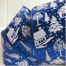 Новогодняя лента блеск с домиком, 6,3 см, синяя, рулон 23 м