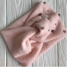 Повязка ангора широкая с жемчугом, 13 см, персиковая, шт.