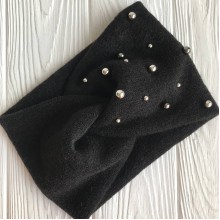 Повязка ангора широкая с жемчугом, 13 см, черная, шт.