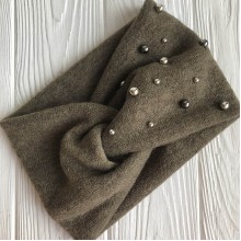 Повязка ангора широкая с жемчугом, 13 см, хаки, шт.