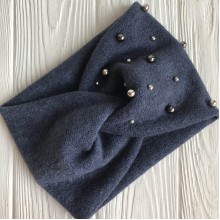 Повязка ангора широкая с жемчугом, 13 см, синяя, шт.