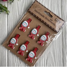 Прищепка новогодняя, 4,5х2,5 см, красный деревянный снеговик, упаковка 6 шт.