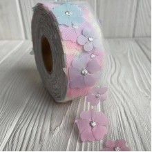 Лента из фатина с шифоновыми цветами, 4 см, желто-розовый, рулон 23 м