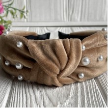 Обруч чалма велюр с жемчугом, 4,5 см, карамельный, шт.