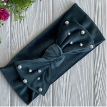 Повязка спорт велюр бант с жемчугом, 9,5 см, изумрудный, шт.