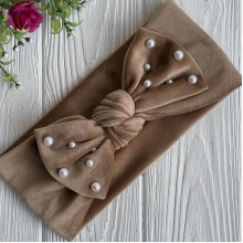 Повязка спорт велюр бант с жемчугом, 9,5 см, карамельный, шт.