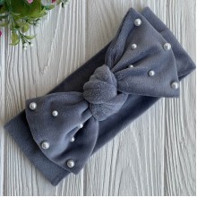 Повязка спорт велюр бант с жемчугом, 9,5 см, серый, шт.