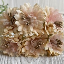 Хризантема тканевая с фатином, 4 см, молочно-персиковая, упаковка 48 шт.