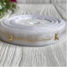 Органза 1,2 см, Merry Christmas с оленем, белый, рулон 23 м