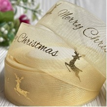 Органза 2,5 см, Merry Christmas с оленем, молочный, рулон 23 м