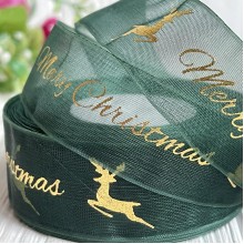 Органза 2,5 см, Merry Christmas с оленем, темно-зеленый, рулон 23 м