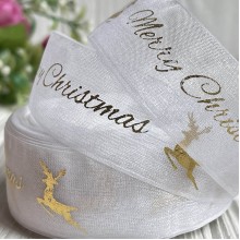 Органза 2,5 см, Merry Christmas с оленем, белый, рулон 23 м