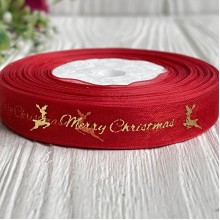 Органза 1,2 см, Merry Christmas с оленем, красный, рулон 23 м