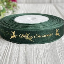 Органза 1,2 см, Merry Christmas с оленем, темно-зеленый, рулон 23 м