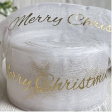 Органза 4 см, Merry Christmas с оленем, белый, рулон 23 м