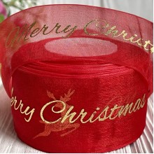 Органза 4 см, Merry Christmas с оленем, красный, рулон 23 м