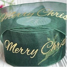 Органза 4 см, Merry Christmas с оленем, темно-зеленый, рулон 23 м