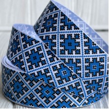 Репс 2,5 см, орнамент ромб, на синьому, рулон 23 м