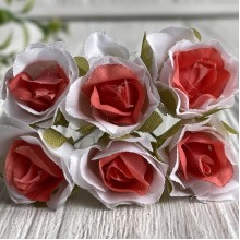 Роза тканевая, 2 см, бело-коралловый, упаковка 10 пучков