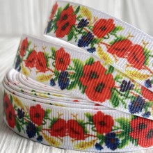 Репс 1,5 см, веночек с маками, васильками и колосками, на белом фоне, рулон 23 м