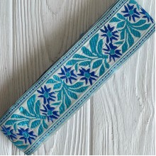 Тесьма вышиванка (барвинок), 5 см, сине-бирюзовый на сером, рулон 9 м