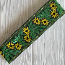 Тесьма вышиванка (барвинок), 5 см, желто-зеленый на черном, рулон 9 м