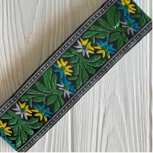 Тесьма вышиванка (барвинок), 5 см, бело-желто-бирюзово-зеленый на черном, рулон 9 м