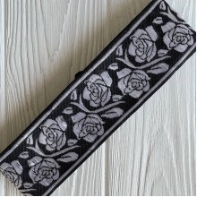 Тесьма вышиванка, 5 см, белая роза на черном, рулон 9 м