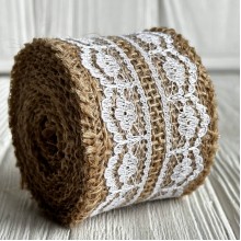 Лента-мешковина с кружевом (корона), 5 см, натуральный с белым, рулон 2 ярда