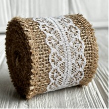 Лента-мешковина с кружевом (3 см), 5 см, натуральная с белым, рулон 2 ярда