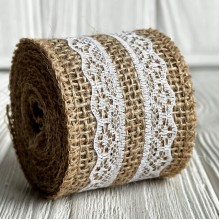 Лента-мешковина с кружевом (волна), 5 см, натуральная с белым, рулон 2 ярда