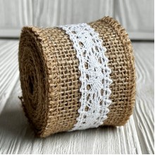 Лента-мешковина с вязаным кружевом, 5 см, натуральный с белым, рулон 2 ярда