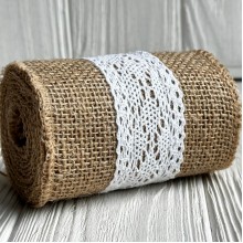 Лента-мешковина с вязаным кружевом широкая, 10 см, натуральный с белым, рулон 2 ярда