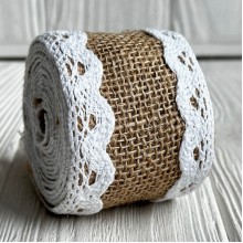Лента-мешковина с вязаным кружевом по краям, 5 см, натуральный с белым, рулон 2 ярда