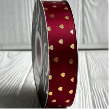 Лента атласная в золотое сердечко, 2,5 см, бордовая, рулон 30 м