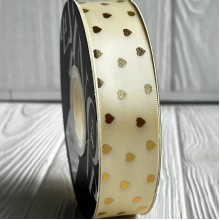 Лента атласная в золотое сердечко, 2,5 см, молочная, рулон 30 м