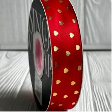 Лента атласная в золотое сердечко, 2,5 см, красная, рулон 30 м