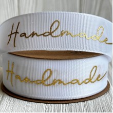 Репс c золотой надписью Handmade, 2,5 см, белый, рулон 23 м